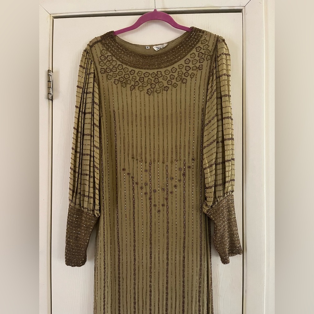 VTG 70s 20s flapper Silk balloon sleeve art deco dreamy beaded sheath dress M - Picture 2 of 13